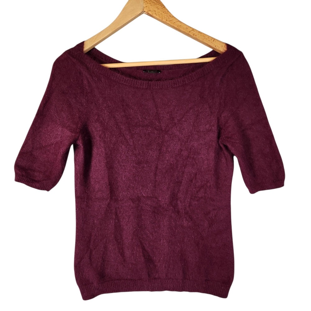 Ann Taylor Sweater M Burgundy Rabbit Hair Blend Boat Neck Short Sleeve Knit